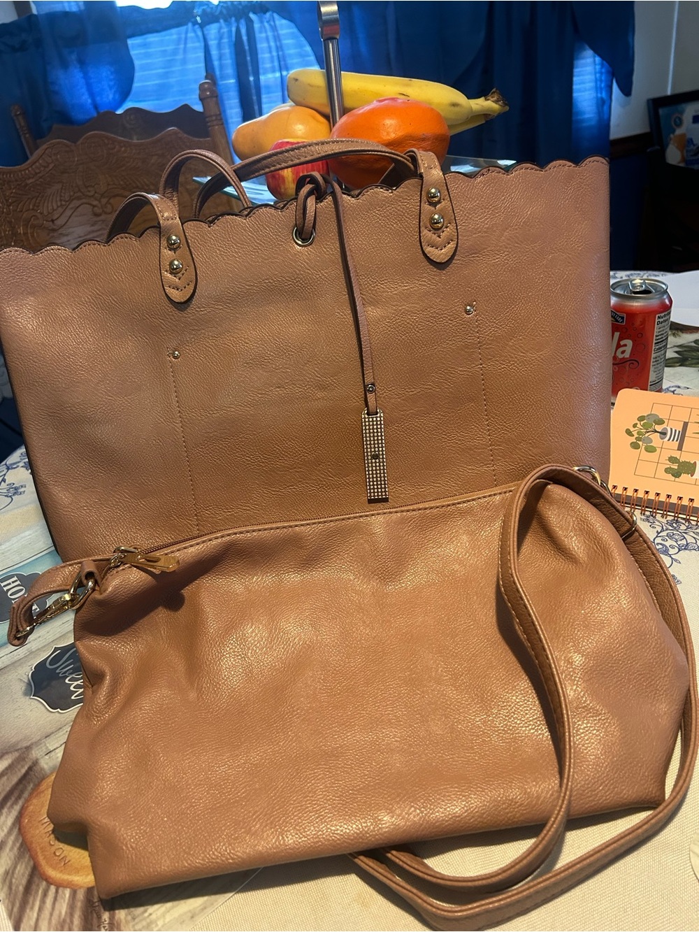 Women's Tan Scalloped Tote and Crossbody Set